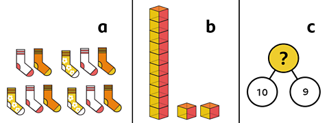 11 socks, 12 blocks, 19 made of 1 ten and 9 ones