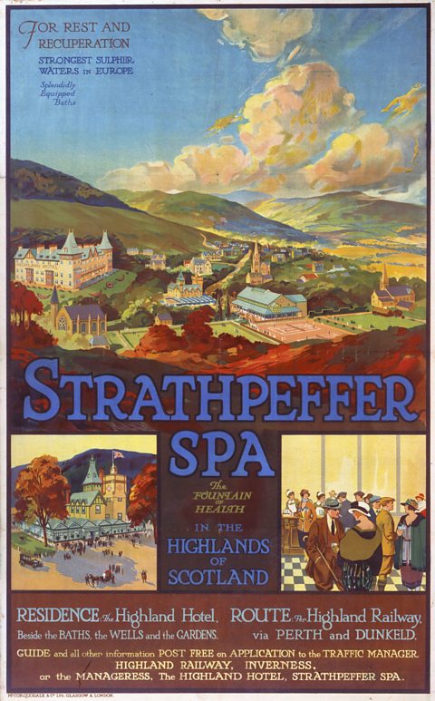 A colourful poster advertising Strathpeffer as a spa town