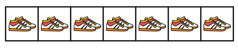 Seven pairs of shoes presented in a number line.