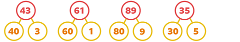 Part-whole diagrams of the numbers 27, 43, 61, 89 and 35.