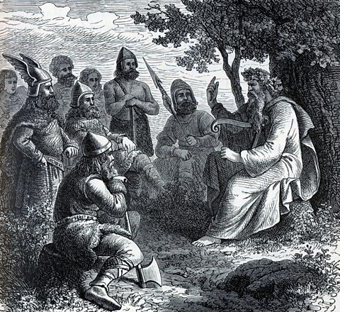 An engraving depicting a Viking skald reciting a saga. 