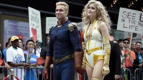Amazon The Boys features a female superhero Starlight (right) who is forced into creating a ‘sexy’ public brand (Credit: Amazon)