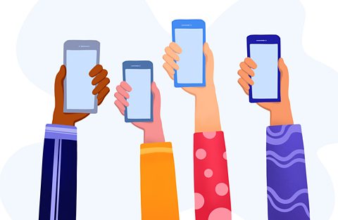 An illustration of four hands holding phones in the air