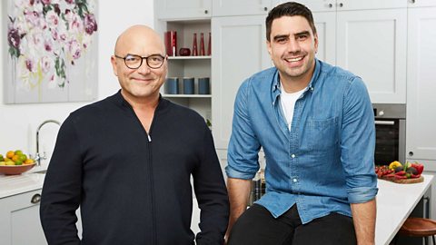 Gregg Walace and Chris  Bavin smile at the camera 