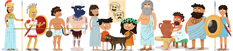 Cassandra, Helenus, their dog Argo and lots of characters from Ancient Greek life