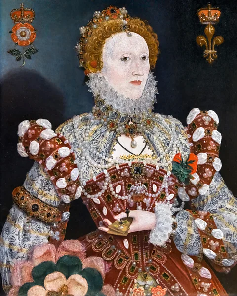 Alamy In Nicholas Hilliard’s portrait of Elizabeth l (1573-75), the queen is shown beneath a thornless rose, signifying chastity (Credit: Alamy)