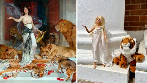 Sarah Williamson/Twitter ArtActivistBarbie poses with a toy tiger in a parody of the 1889 painting Circe by Wright Barker, showing a topless woman surrounded by lions (Credit: Sarah Williamson/Twitter)