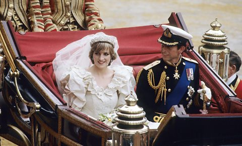 Diana, Princess of Wales and Prince Charles ride in a carriage after their wedding at St. Paul's Cathedral July 29, 1981 in London.