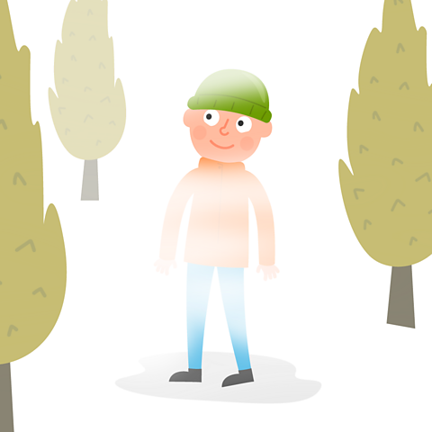 A man walking in the woods in the fog