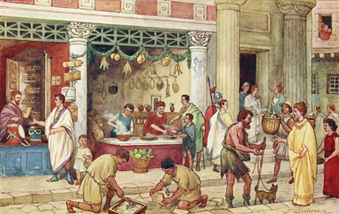 The Roman Empire - street scene with vendors.