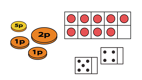 9p, a number frame for 9, 2 dice total 9