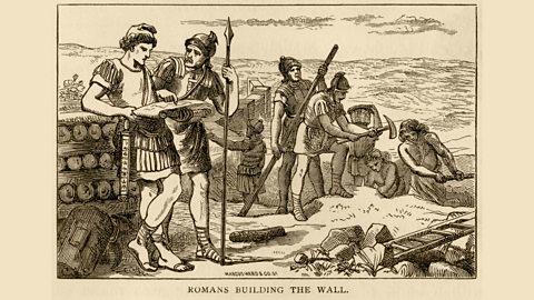 An archive picture showing Romans building Hadrian’s wall