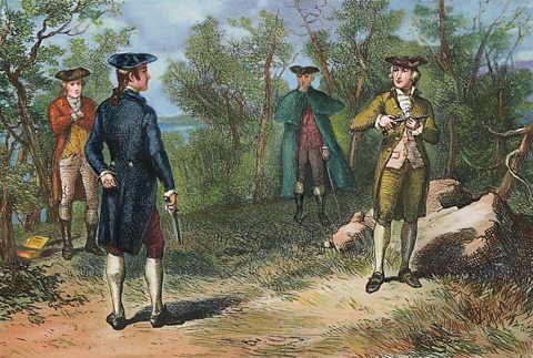 Illustration of Alexander Hamilton and Aaron Burr Preparing to Duel