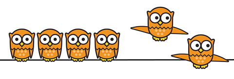 2 owls are flying away, 4 owls are on the branch