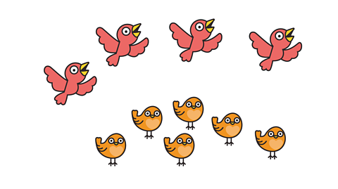 10 birds - 6 orange and 4 pink