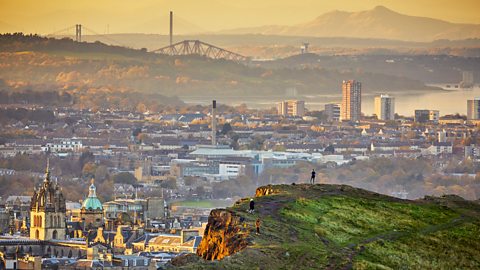 Sunset over Edinburgh cityscape and skyline