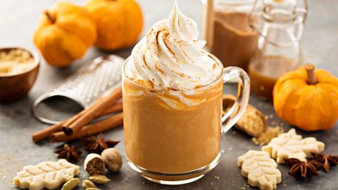 A pumpkin spice latte with cream on the top surrounded by spices, leaf shaped biscuits and little pumpkins 