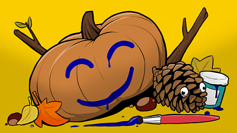 An illustration of a painted pumpkin and a pine cone hedgehog.