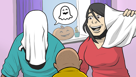 An illustration of a mum and dad playing a ghost-themed game of peek-a-boo with their baby.