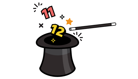 A magician's hat with a wand. Number 11 and 12 appear out of hat.