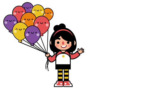 A smiling girl holds a bunch of balloons.