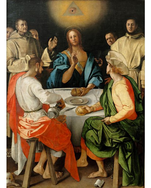 The Uffizi Galleries The divine eye in Pontormo’s Supper at Emmaus (1525) was a later repainting, hiding a three-sided face prohibited by the Counter-Reformation (Credit: The Uffizi Galleries)