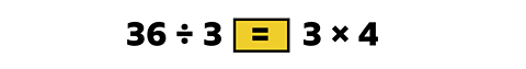 36 divided by 3, an equals sign, 3 times 4