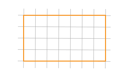 A grid with a rectangle with length 7 squares and sides 4 squares