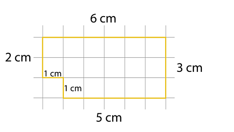 A rectilinear shape with sides labelled: 6cm, 3cm, 5cm, 1cm, 1cm, 2cm.