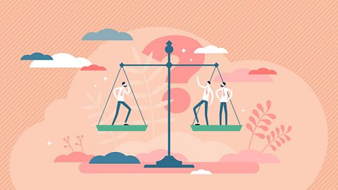 Utilitarianism diagram featuring a weighing scales with two people on one side and one on the other side