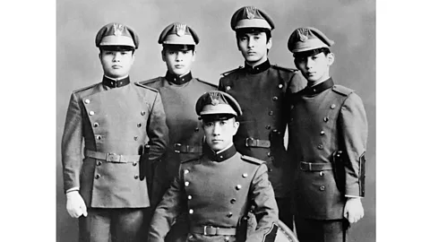 Getty Images This photograph – taken a few days before his death – shows Mishima with his loyal cadets (Credit: Getty Images)