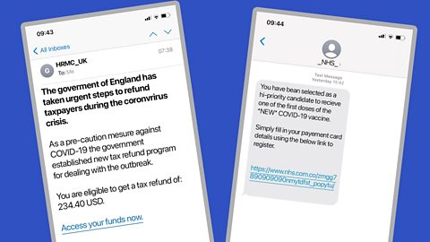 A scam email and a scam text. Both messages have spelling errors and fake senders.
