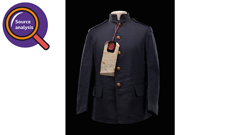 A factory-made SANLC military jacket with a string and tag attached at the top button.