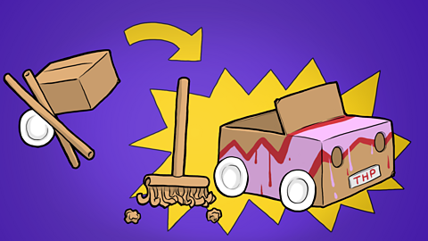 An illustration of a cardboard broom and cardboard box car.