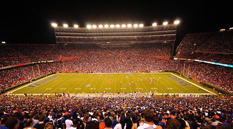 A large crowd watches the Florida Gators host the LSU Tigers in an American football game at the Ben Hill Griffin Stadium