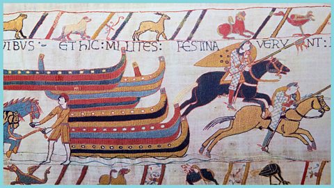 Detail from the Bayeux tapestry showing Norman knights and ships