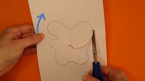 Scissors cut in a swirl outwards to a curvy shape on a piece of paper