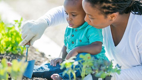 A mum planting out plants with her little boy.