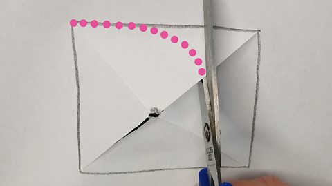 Scissors cut into a square corner on paper, moving in a swirling motion from the centre