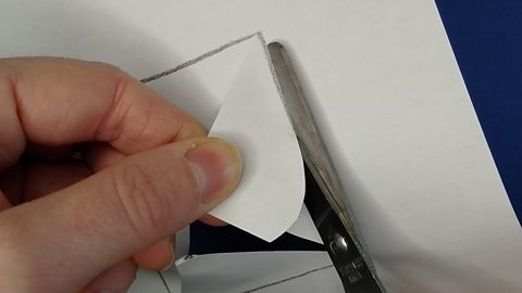 Scissors cut along a pencil line on paper. Fingers hold the paper.