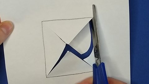 Scissors stop at the corner of a drawn square on paper