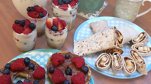 All of Angharad's breakfast ideas laid out on a table.