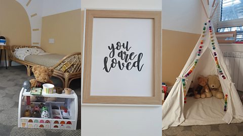 A collection of images of the foster child's bedroom in Natalie's house