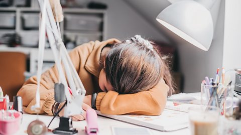 A young person with their head down on their desk looking stressed.