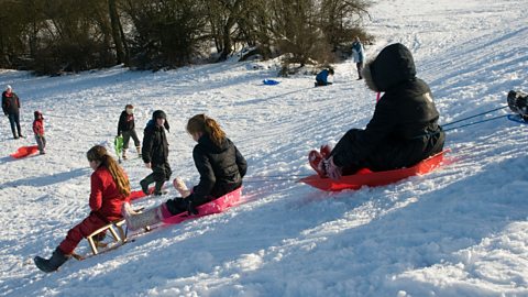 Children sledging down a snowy hill