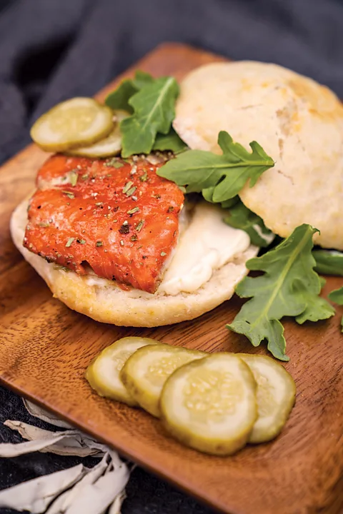 Scott Yavis Inez Cook's sage-smoked salmon burger incorporates key elements of First Nations culture all in one dish (Credit: Scott Yavis)