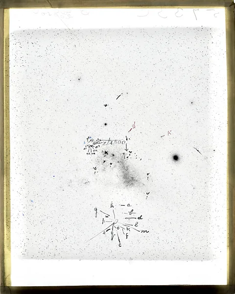 Harvard College Observatory This plate of the Small Magellanic Cloud features notes by Leavitt from her Cepheid variable studies (Credit: Harvard College Observatory, Photographic Glass Plate Collection)