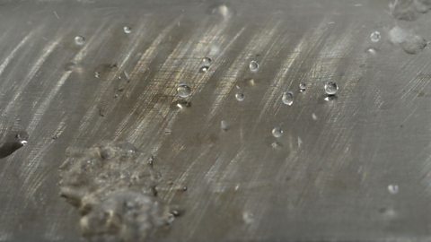 In a demonstration of the Leidenfrost effect, water droplets appear to hover over a hot silver cooking plate. 