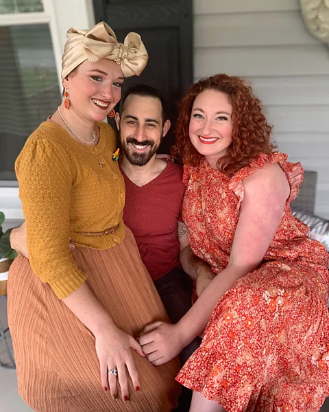 Paola Perez Janie Frank (left), Cody Coppola (centre) and Maggie Odell (right) met on poly and kink dating app Feeld (Credit: Paola Perez)