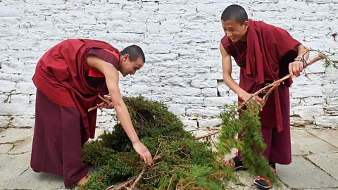 Simon Urwin Monks sort boughs of juniper – which is the base ingredient in all Bhutanese incense – to make Nado's secret formula (Credit: Simon Urwin)